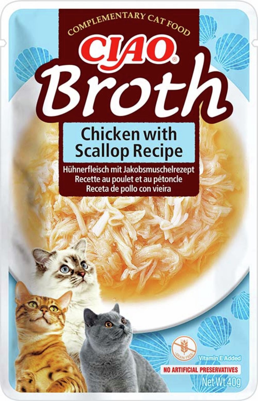 CIAO Broth, Ergänzungsfutter für Katzen, Huhn mit Jakobsmuschel, 40g, ohne künstliche Konservierungsstoffe, für wählerische Katzen.