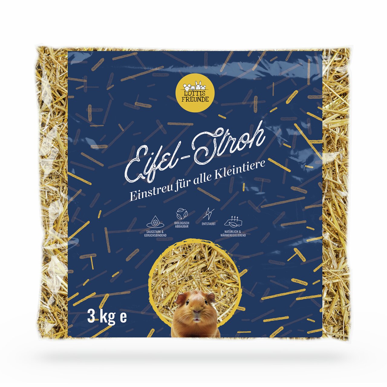 Lottis Freunde Eifel-Stroh Einstreu für Kleintiere, staubarm, geruchsbindend, biologisch abbaubar, 3 kg Packung.