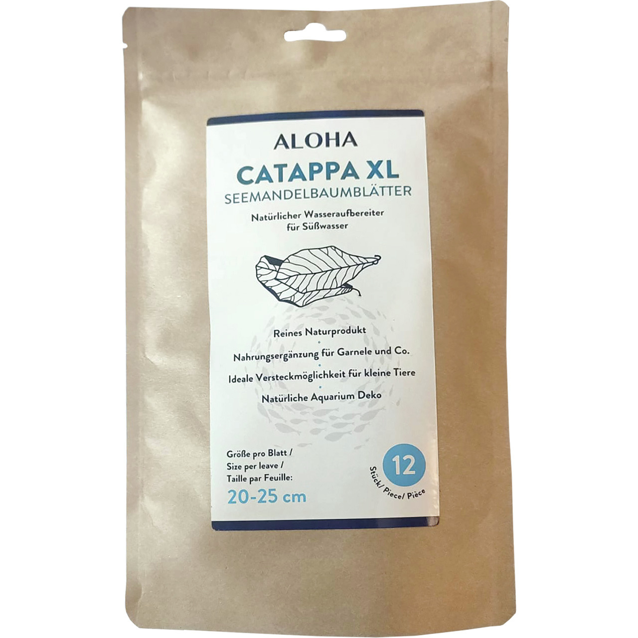 Das Bild zeigt eine braune Verpackung des Produkts „ALOHA Catappa XL Seemandelbaumblätter“. Es handelt sich um ein Naturprodukt für die Wasseraufbereitung in Süßwasseraquarien. Geeignet für Garnelen und kleine Tiere, bietet es Nahrungsergänzung und Verste