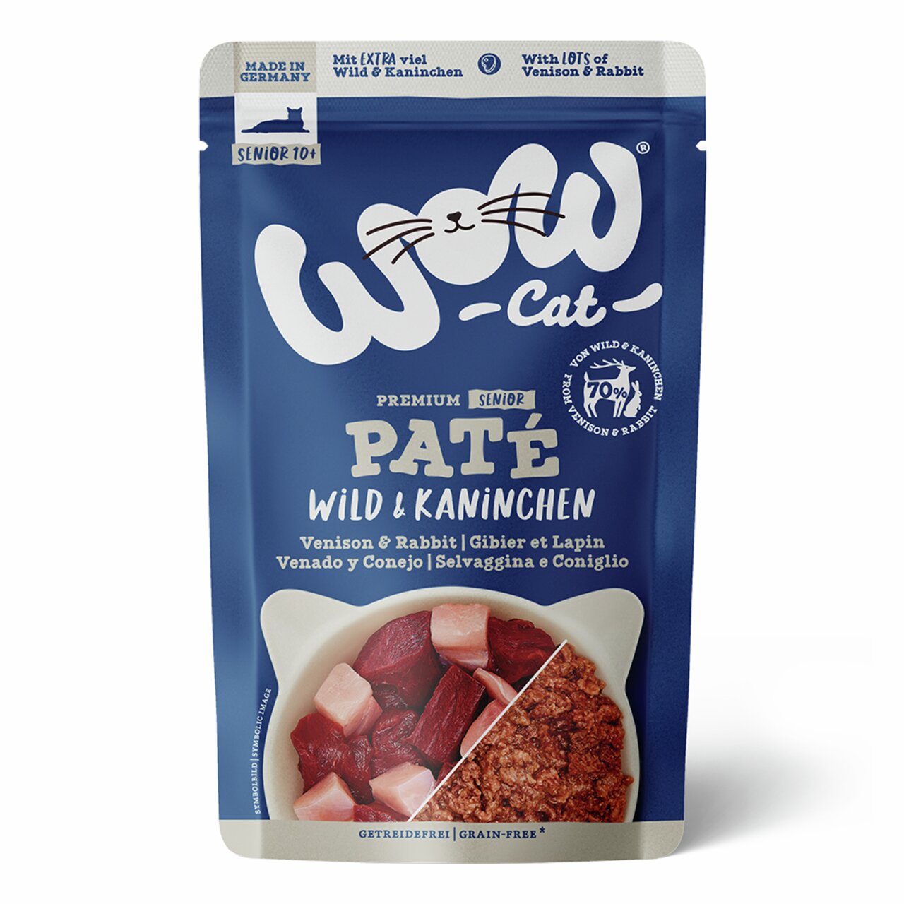 WOW CAT Premium Senior Paté Wild & Kaninchen, für Katzen ab 10 J., 70 % Fleisch, getreidefrei, „Made in Germany“.