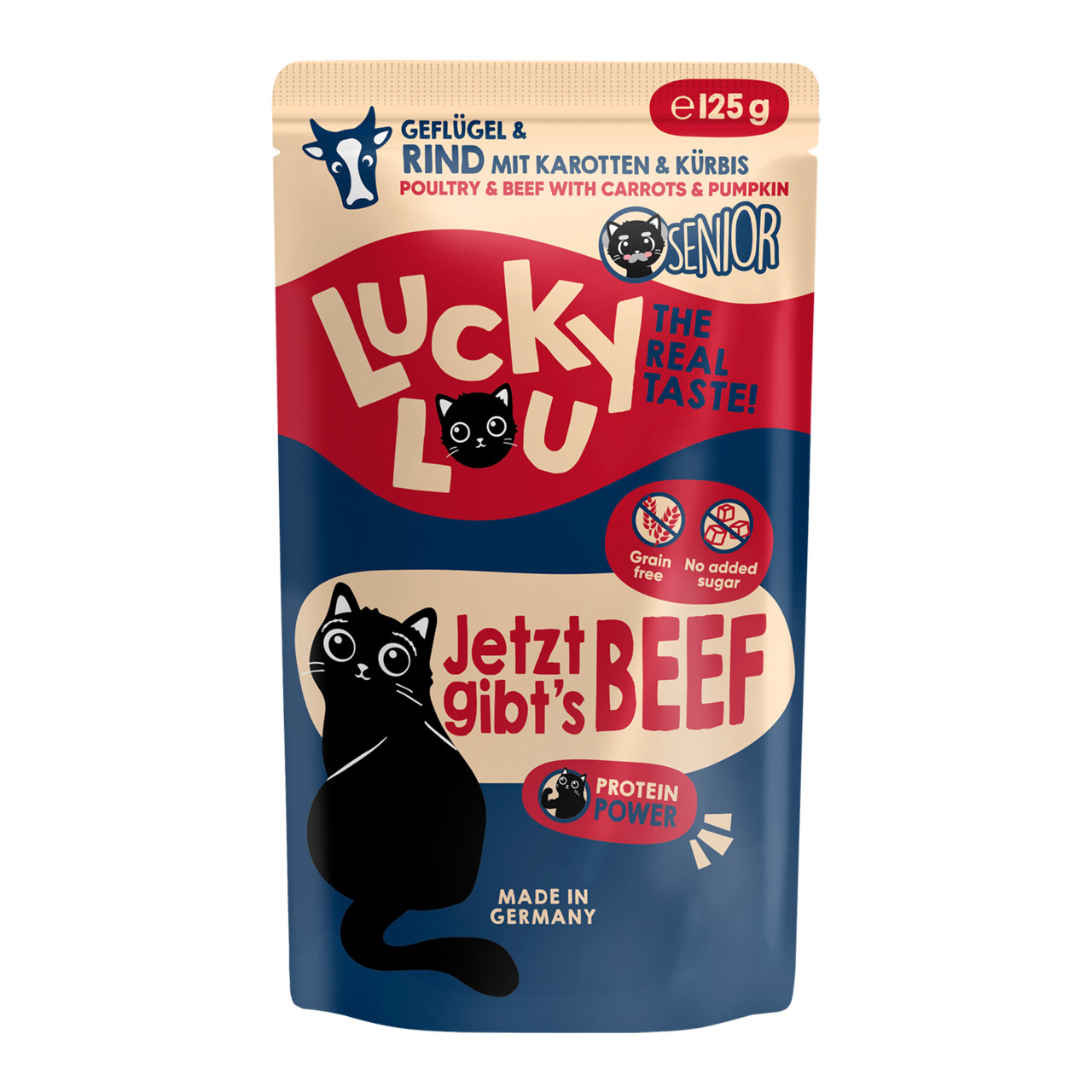 Lucky Lou Senior Katzenfutter, Geflügel & Rind mit Karotten & Kürbis, für ältere Katzen, getreidefrei, ohne Zuckerzusatz, 125 g.