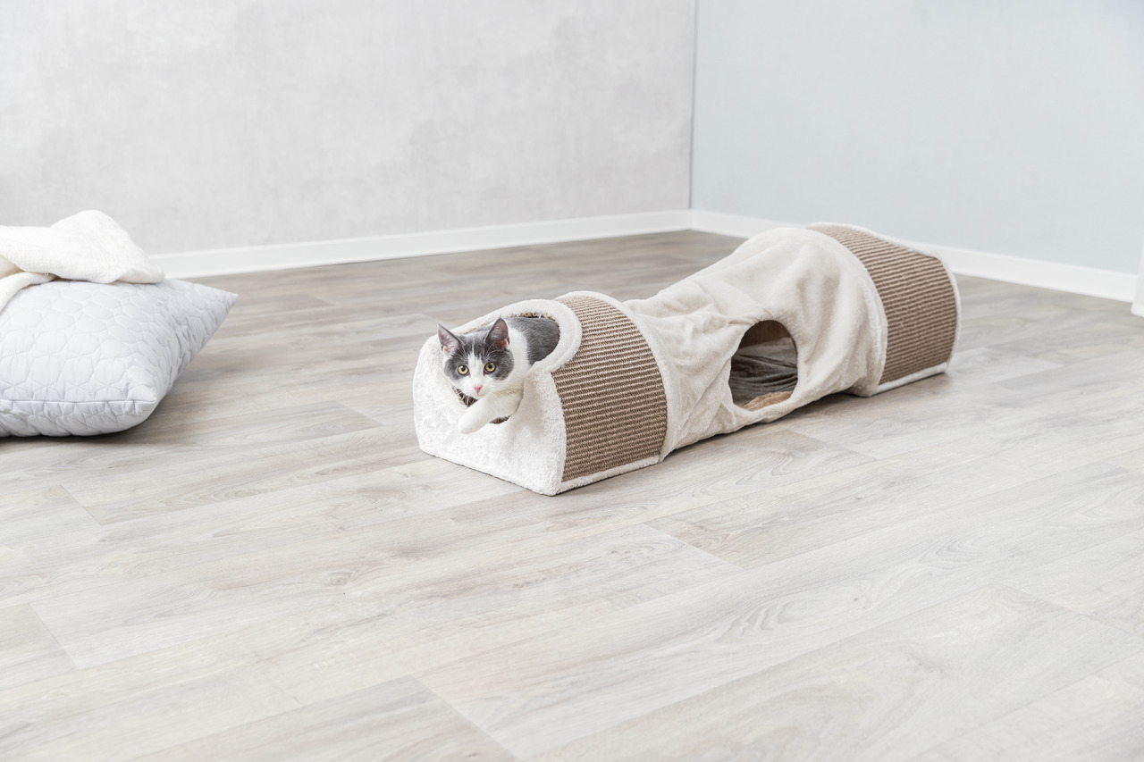 TRIXIE Spieltunnel für Katzen, alle Rassen, Plüsch & Sisal, ideal zum Spielen, Verstecken & Kratzen, fördert Aktivität, ca. 1 m.
