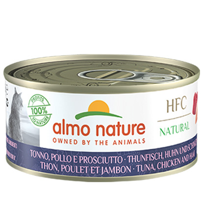 Almo Nature HFC Natural Katzenfutter, Thunfisch-Huhn-Schinken, 70 g, 100% natürlich, hochwertige Zutaten, gesunde Ernährung.