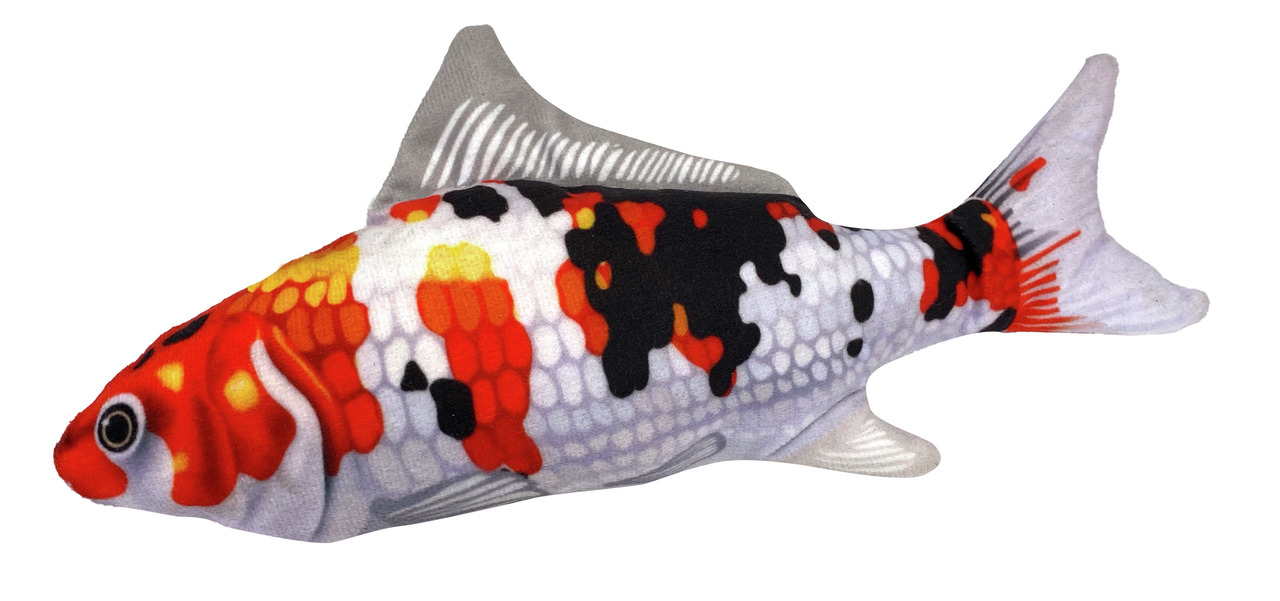 Das Bild zeigt das Aumüller Katzenspielzeug in Form eines Koi-Fisches. Es handelt sich um ein hochwertiges Spielzeug für Katzen, das speziell für die Zielgruppe der Stubentiger entwickelt wurde. Der Fisch ist in lebhaften Farben gestaltet, darunter Rot, S