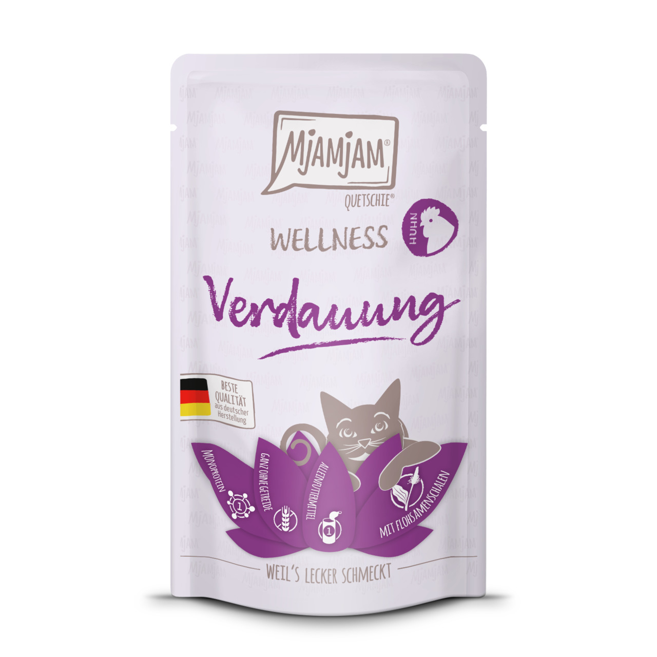 Das Bild zeigt eine Verpackung des Katzenfutters „MJAMJAM Wellness Verdauung“ in einer Quetschbeutel-Form. Es ist speziell für Katzen entwickelt und enthält Hühnchen als Geschmacksrichtung. Auf der Verpackung sind Hinweise auf hochwertige Zutaten, deutsch