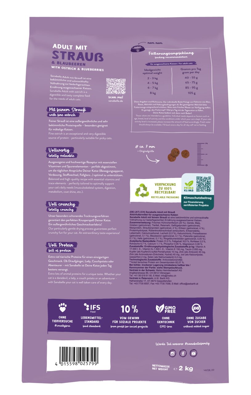 Sanabelle Adult, Strauß & Blaubeeren, 2 kg, für ausgew. Katzen: leicht verdaulich, proteinreich, ohne Gentechnik/Zucker, recycelbar.