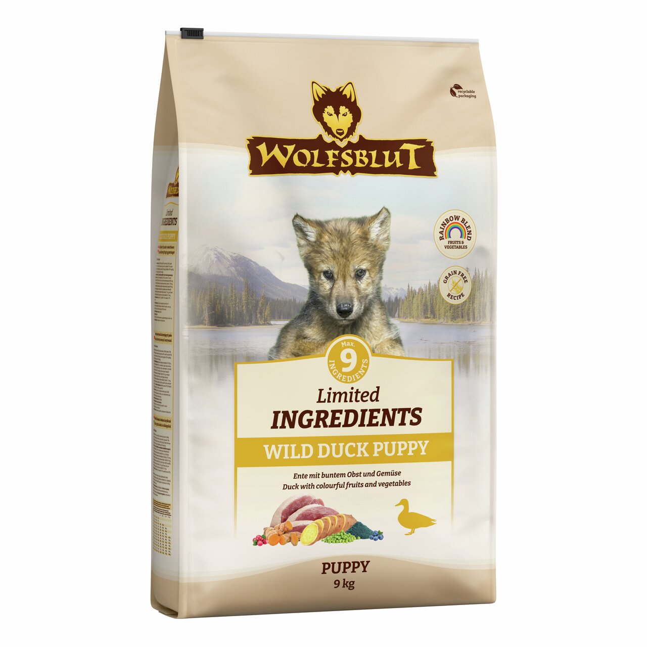 Hundefutter Wolfsblut Wild Duck Puppy für Welpen, Geschmacksrichtung Ente, mit Obst und Gemüse, getreidefrei, 9 kg.
