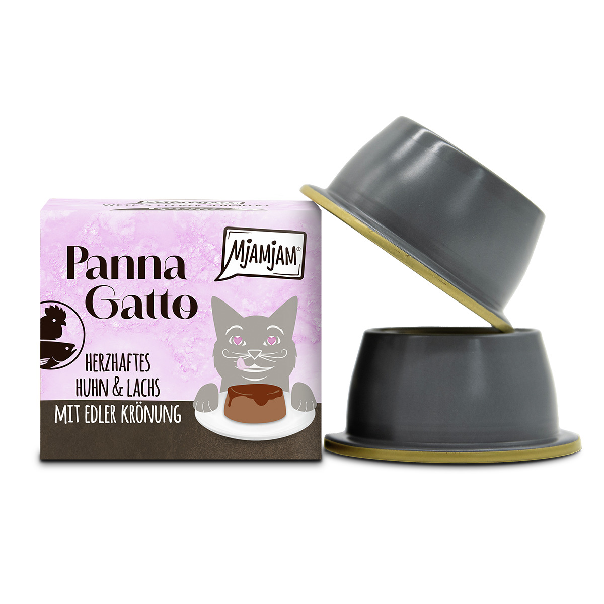 MJAMJAM Panna Gatto Katzenfutter, Huhn & Lachs mit edler Krönung, 2 Portionsschalen, ansprechendes Design, für Katzen.