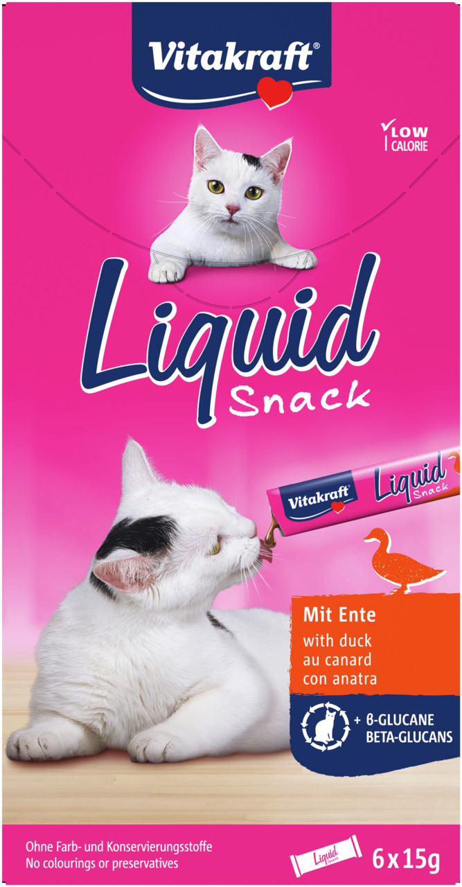 Das Bild zeigt die Verpackung des Vitakraft Liquid Snack mit Ente, einem Ergänzungsfuttermittel für Katzen. Die Verpackung ist pink und zeigt zwei weiße Katzen mit schwarzen Flecken. Eine Katze leckt an einem Snack. Der Snack enthält Beta-Glucane, ist kal
