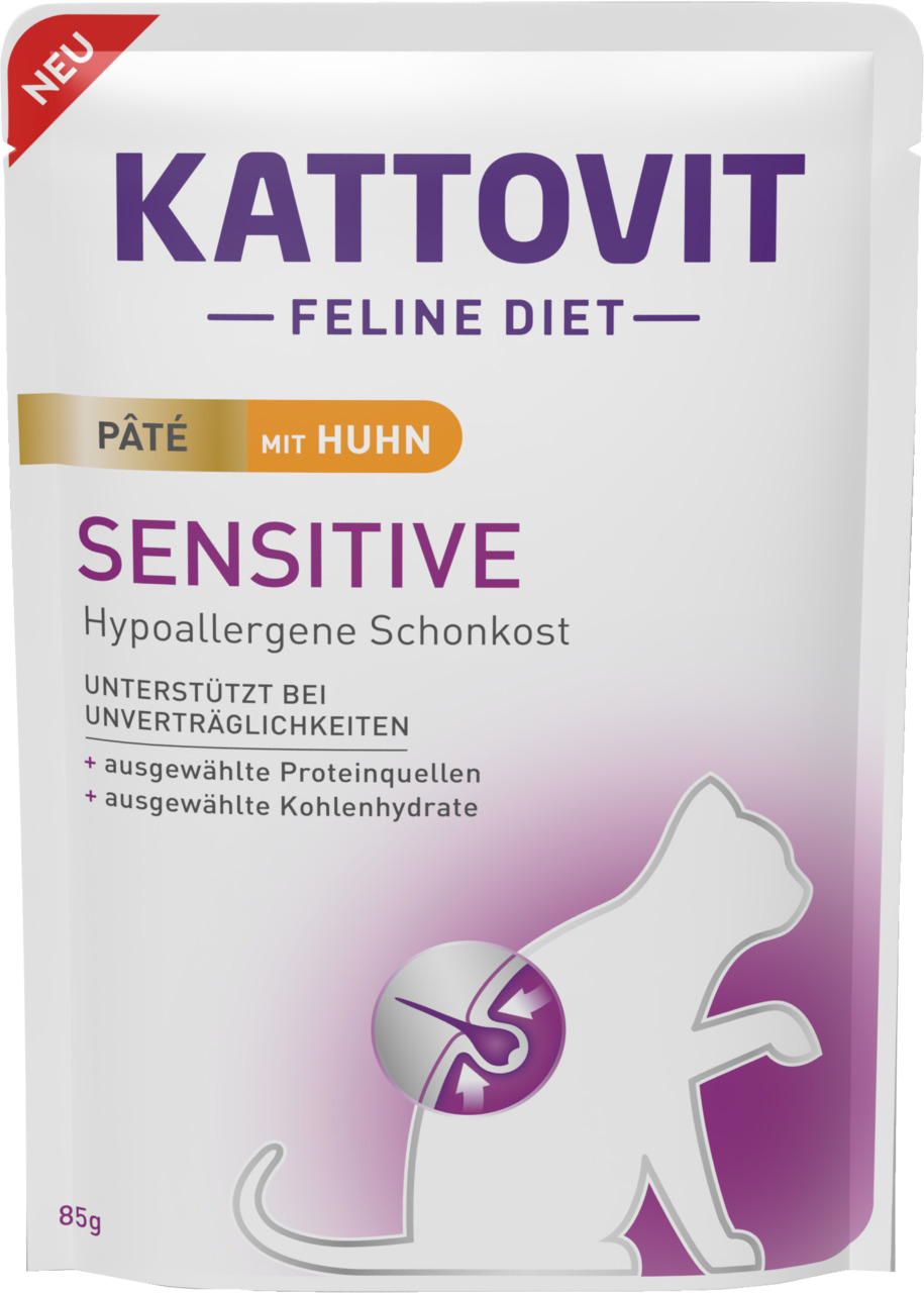 Kattovit Feline Diet Sensitive Pâté Huhn, 85g, für Katzen mit Unverträglichkeiten, hypoallergen, unterstützt Verdauung.