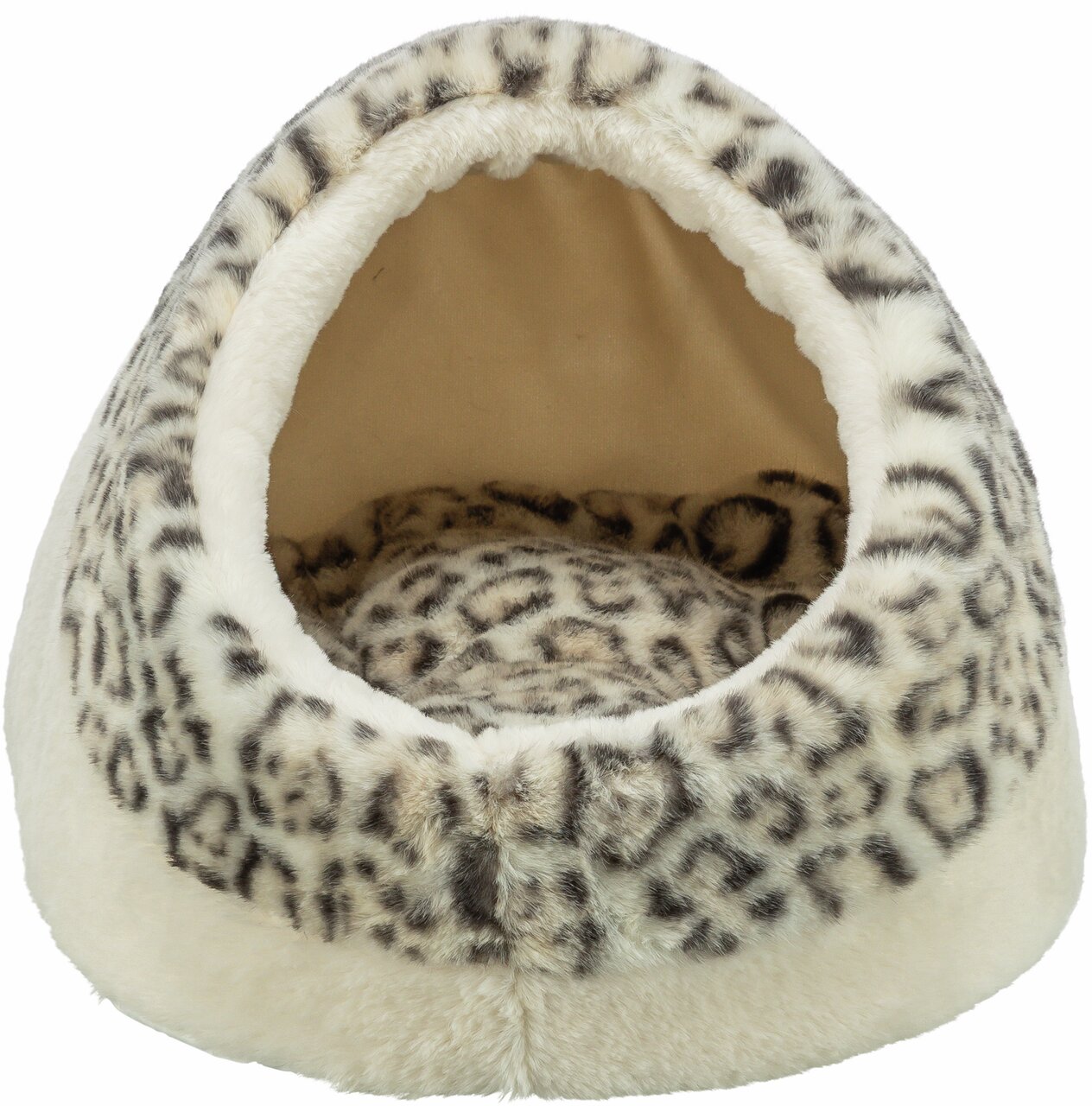 Kuschelige TRIXIE-Höhle für Katzen, beige mit Leopardenmuster, bietet warmen Rückzugsort und Behaglichkeit, besonders weich.