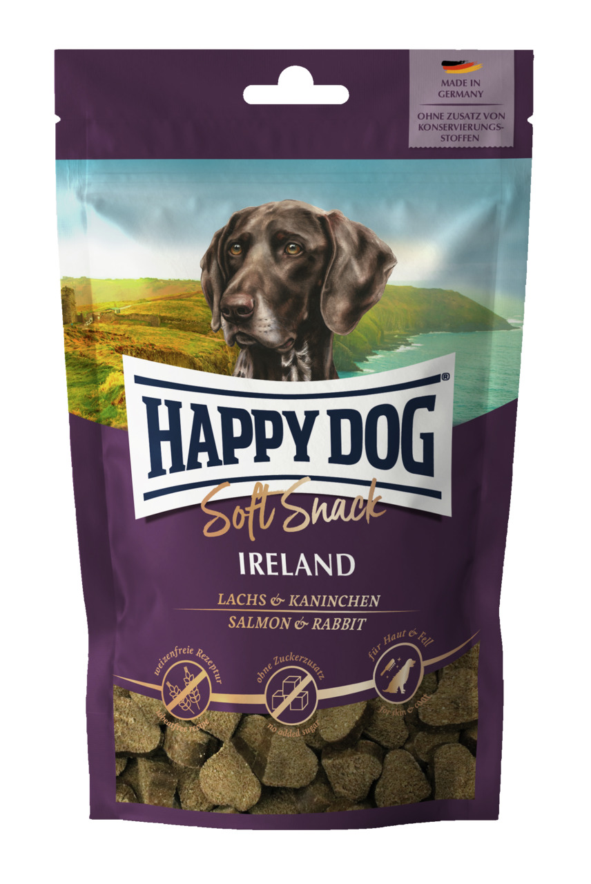 HAPPY DOG Soft Snack Ireland, Hundesnack, Lachs & Kaninchen, 100 g, weizenfrei, ohne Zuckerzusatz, für Haut & Fell.