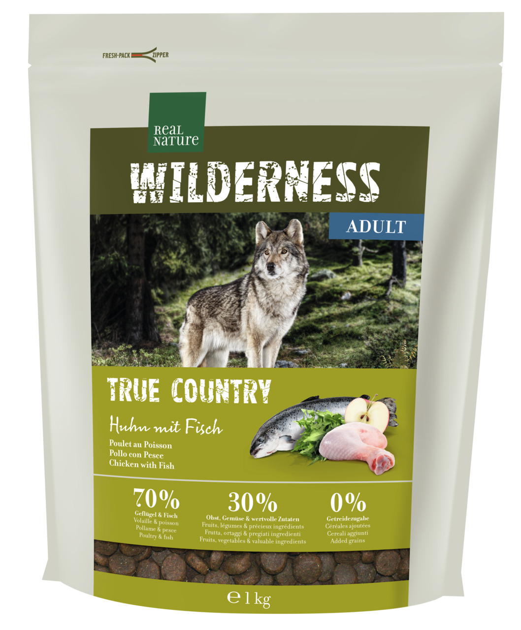 REAL NATURE WILDERNESS TRUE COUNTRY Adult, für ausgew. Hunde, Huhn+Fisch, 1 kg, 70 % Geflügel+Fisch, 30 % Obst+Gemüse, 0 % Getreide
