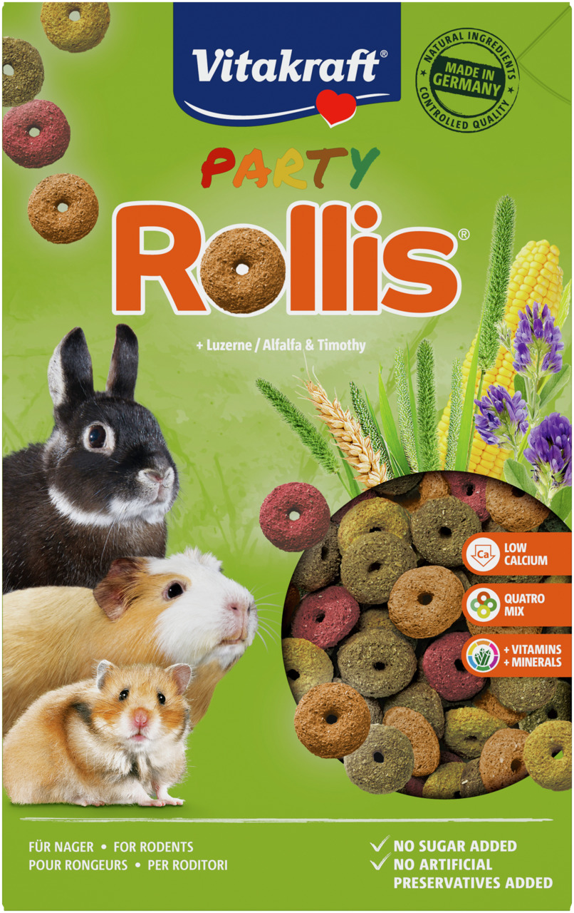 Vitakraft Party Rollis, 500 g, für Nager (Kaninchen, Meerschweinchen, Hamster), Luzerne & Timothy-Gras, Vitamine, zuckerfrei, ohne Konservierungsstoffe.