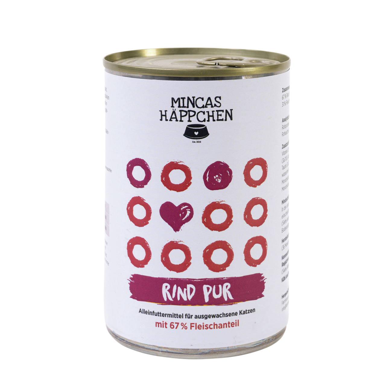 MINCAS HÄPPCHEN Rind Pur, Alleinfutter f. erwachsene Katzen, 67 % Fleisch, Geschmacksr. Rind, weiße Dose mit modernem Design.