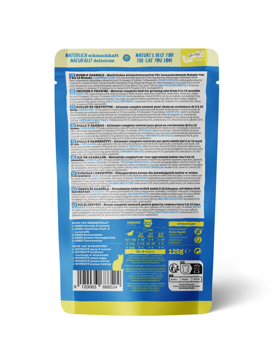 Rückseite einer Verpackung des Produkts „WOW CAT Huhn & Garnele“, einem natürlichen Alleinfuttermittel für heranwachsende Katzen von 2 bis 12 Monaten. Die Geschmacksrichtung ist Huhn und Garnele. Die Verpackung enthält 125 g. Frei von Getreide, Laktose, k