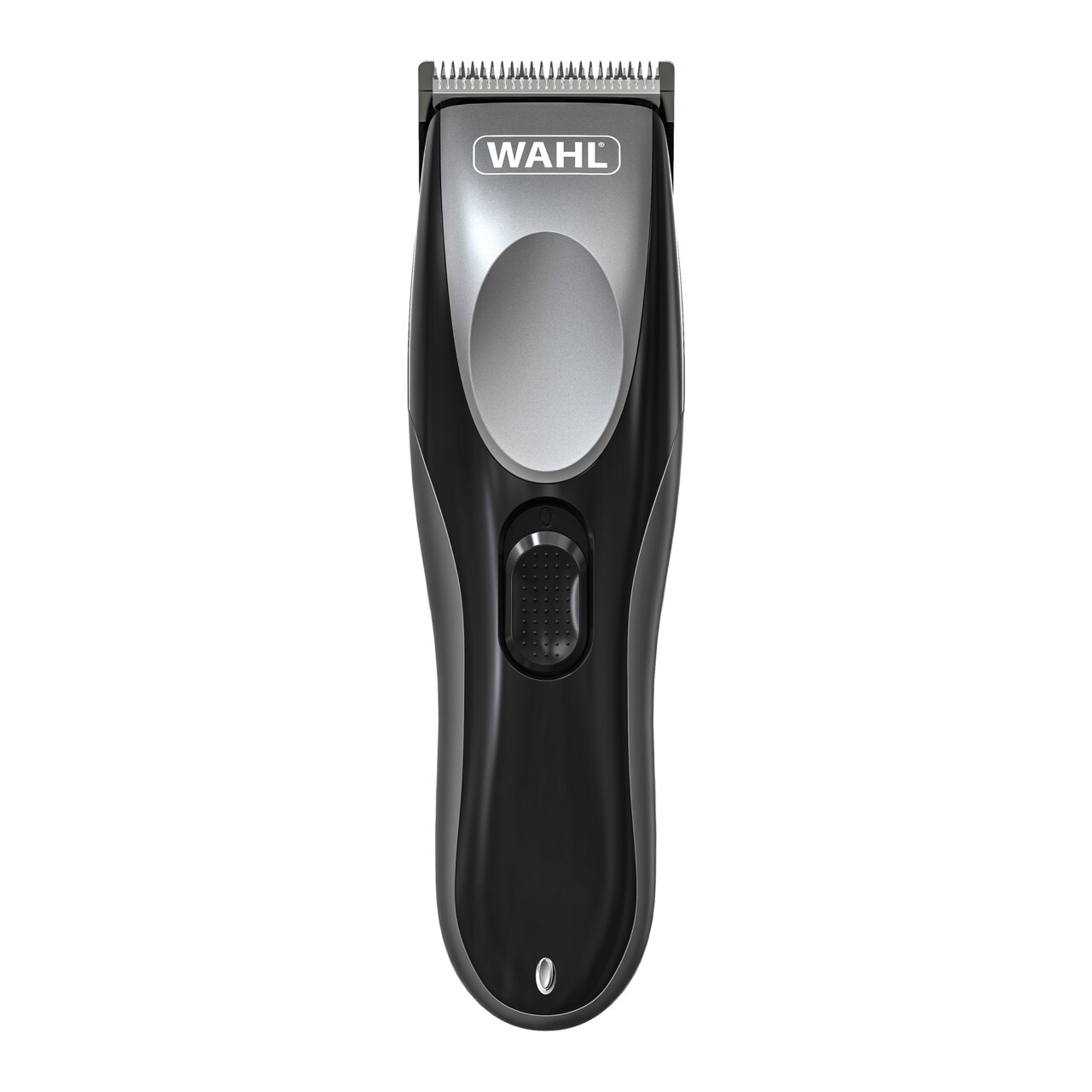 Schwarzer WAHL Haarschneider mit silbernen Akzenten, ergonomischem Griff und integriertem Schalter, Vorderansicht.