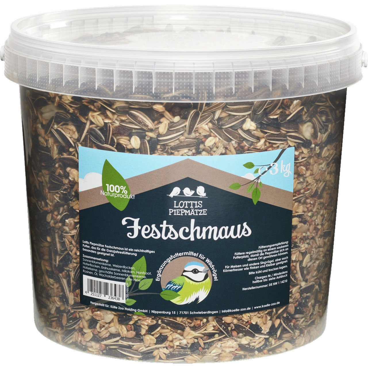 Lottis Piepmätze Festschmaus, Ergänzungsfutter f. Wildvögel, 3 kg, 100% Naturprodukt, mit Sonnenblumenkernen & Haferflocken.