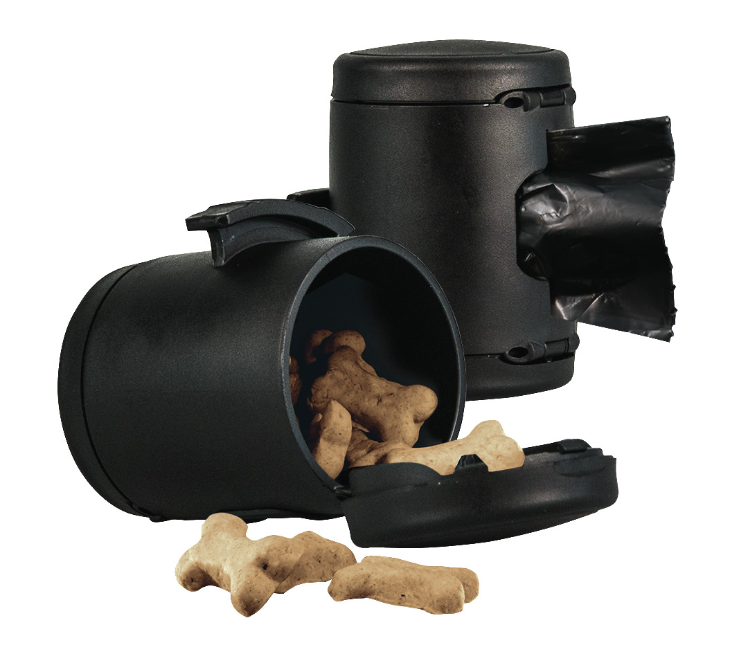 Flexi Multi-Box für Hundebesitzer, zylindrisch, 2 Fächer: Snacks (Knochenform) & Kotbeutel (schwarz).