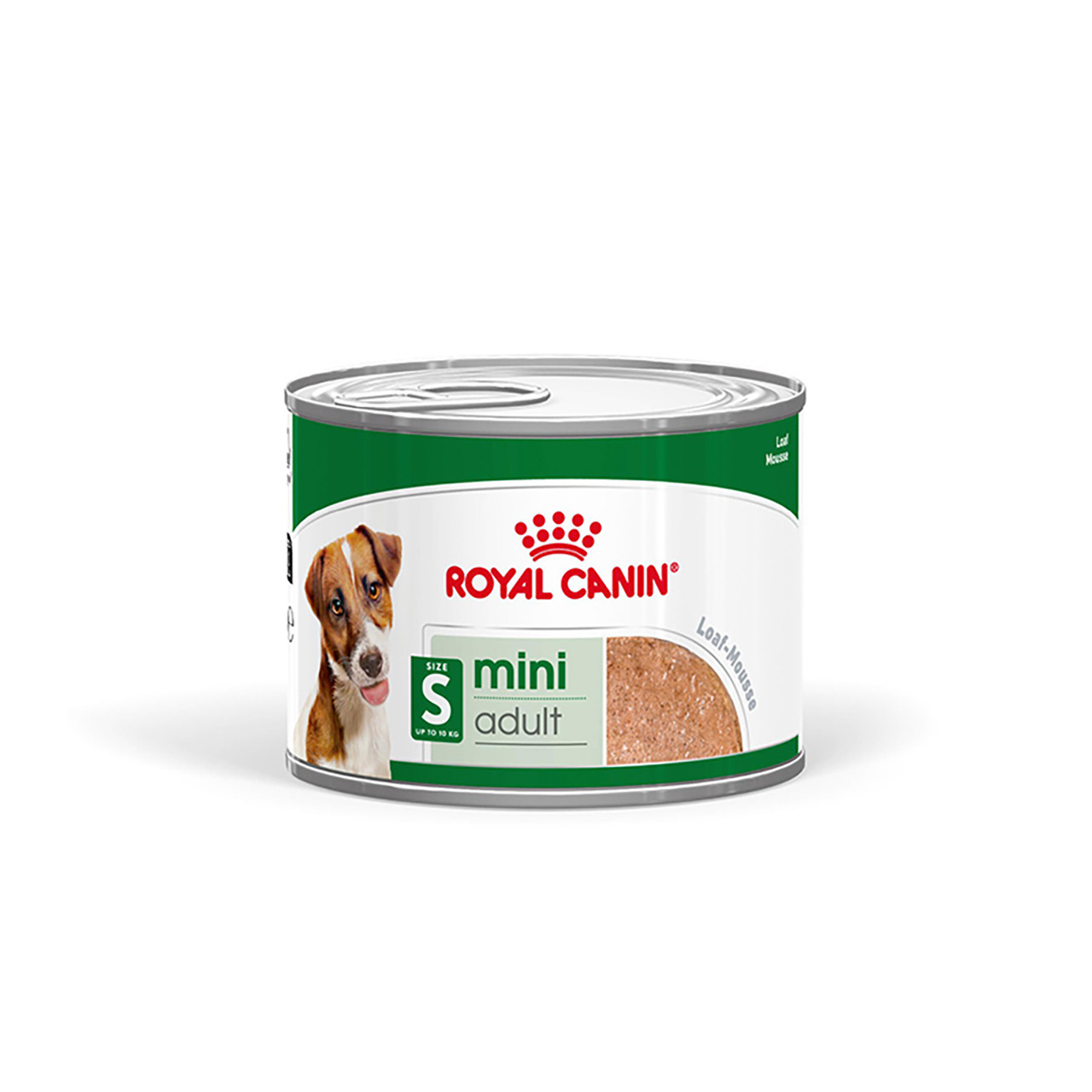 Das Bild zeigt eine Dose Hundefutter der Marke Royal Canin mit der Geschmacksrichtung Loaf Mousse. Es handelt sich um das Produkt "Mini Adult", das speziell für ausgewachsene Hunde kleiner Rassen bis 10 kg entwickelt wurde. Die Dose hat eine grüne und wei