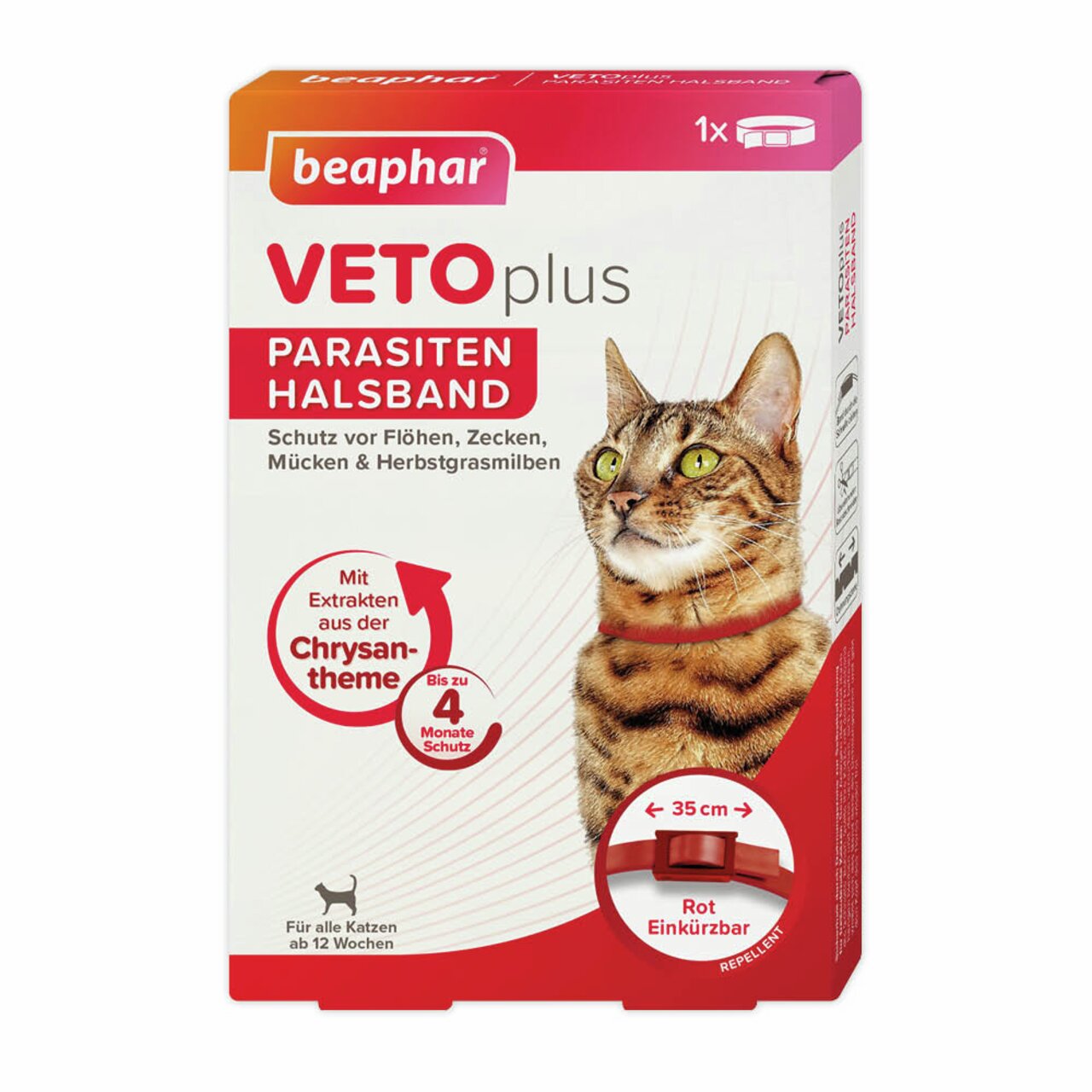 beaphar VETOpure Parasiten-Halsband für Katzen ab 12 Wochen, rot, 35 cm, Schutz gegen Flöhe, Zecken, Mücken und Herbstgrasmilben.