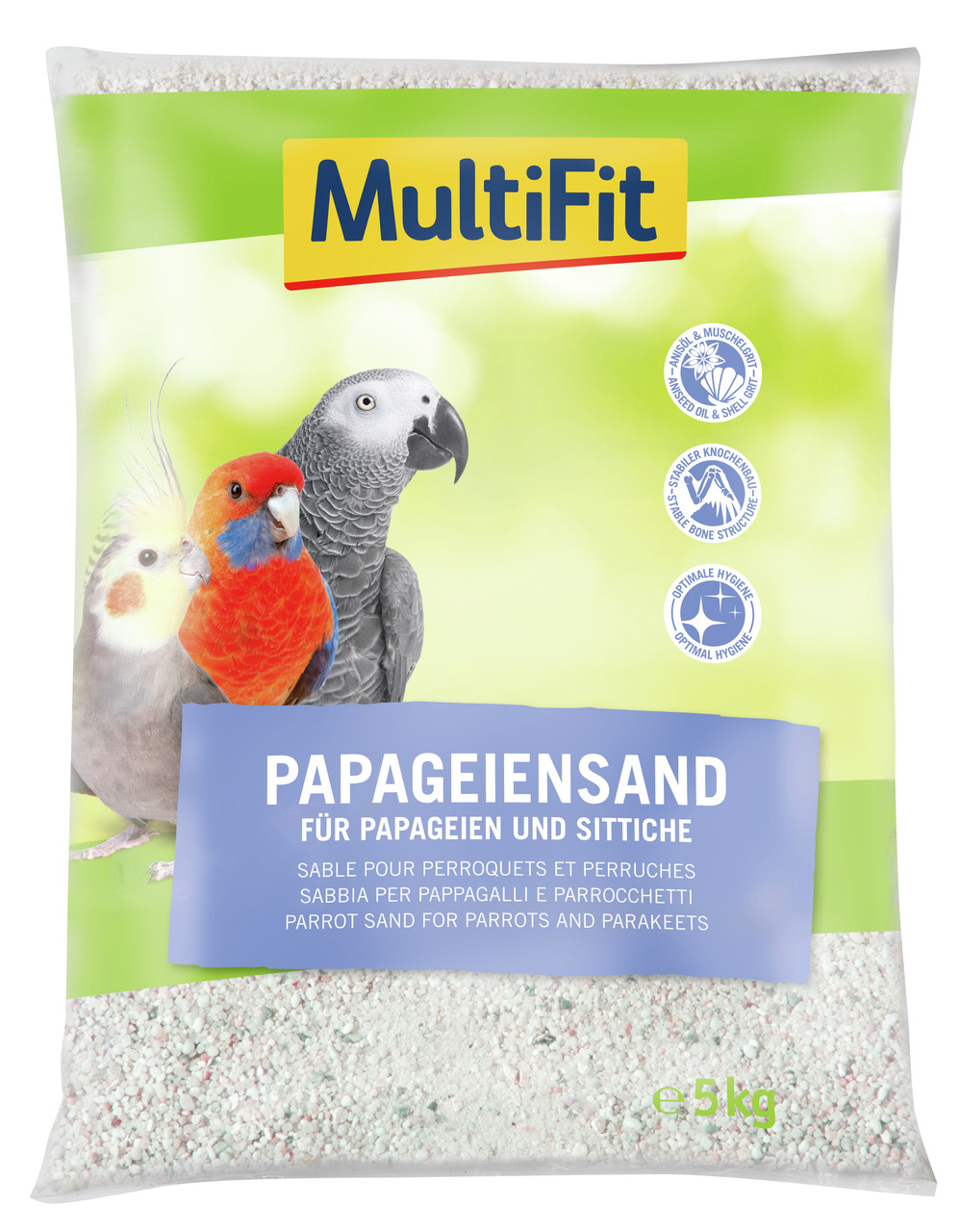 MultiFit Papageiensand, 5 kg, für Papageien & Sittiche, mit Anis & Muschelkalk für Hygiene & stabile Knochenstruktur.