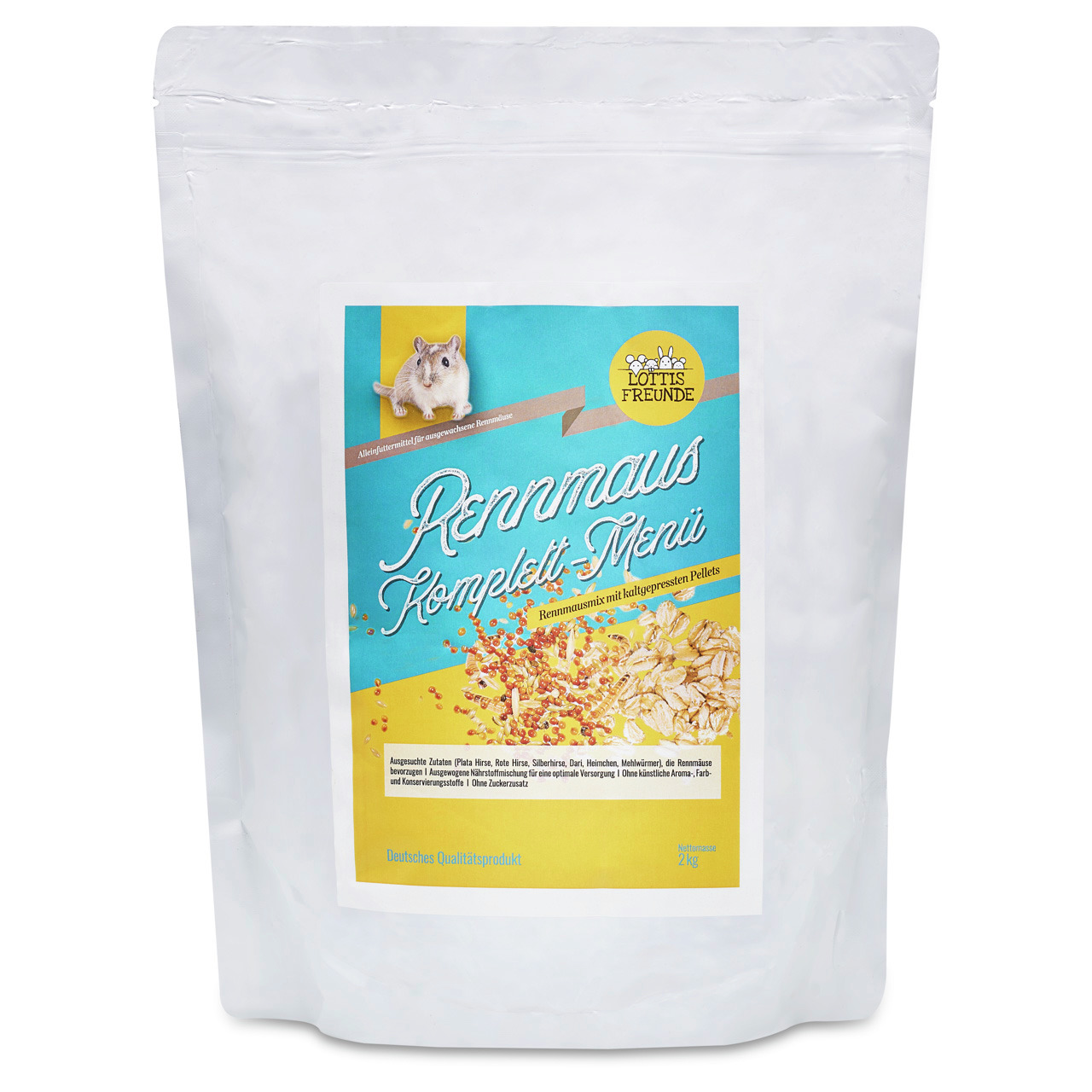 Lottis Freunde Rennmaus Komplett-Menü: Hochwertiges 2 kg Futter für Rennmäuse mit Hafer, Reis, Hirse, ohne künstl. Zusätze.
