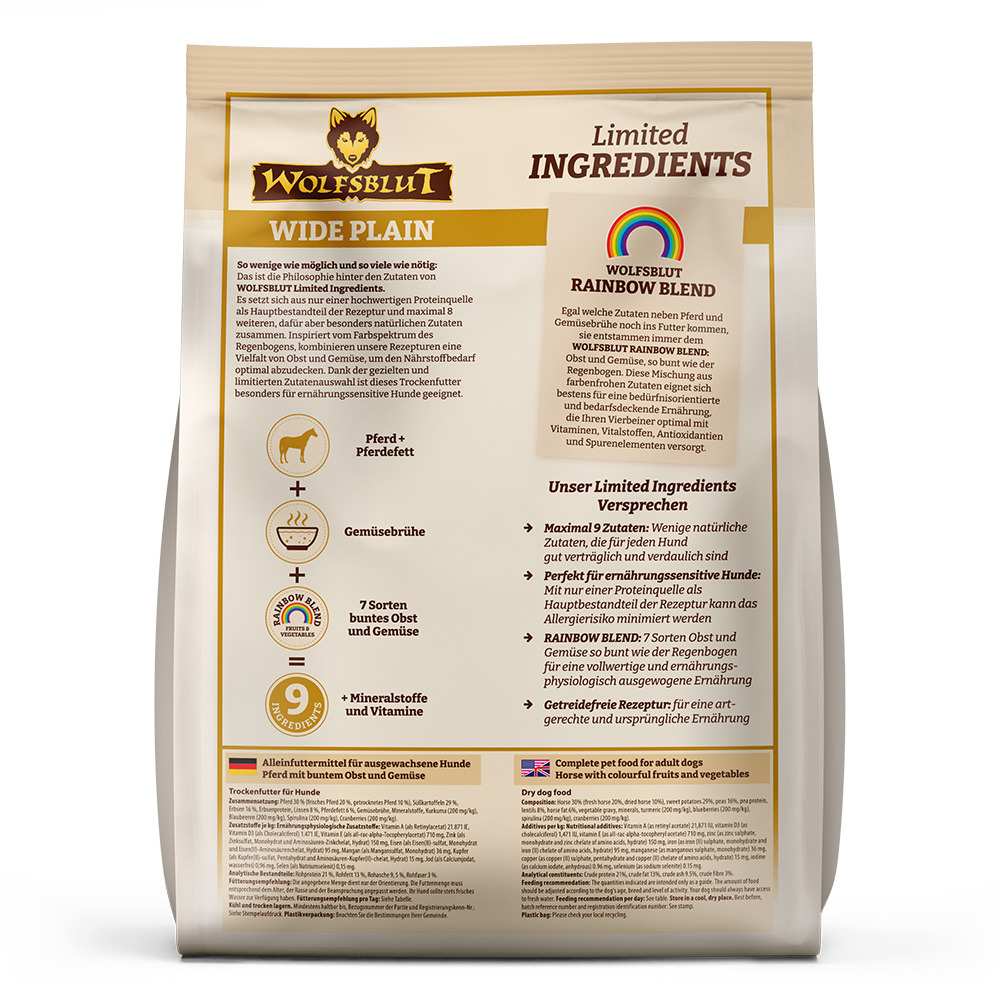 Wolfsblut Wide Plain Hundefutter, Pferd, Obst & Gemüse, für ausgewachsene Hunde, mit Vitaminen & Mineralstoffen, 2 kg.