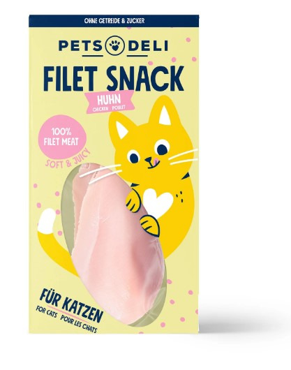 Pets Deli Filet Snack Huhn: Premium-Katzensnack, 100% Filetfleisch, Soft & Juicy, Geschmacksrichtung Huhn, gelbes Katzenmotiv, Sichtfenster.