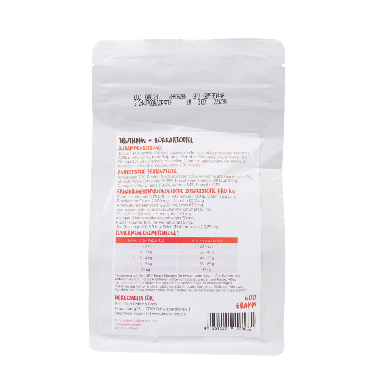 Köber’s MINCAS HÄPPCHEN, Truthahn & Süßkartoffel, für Katzen, 400g, mit Zutaten, analyt. Bestandteilen & Fütterungsempfehlung.