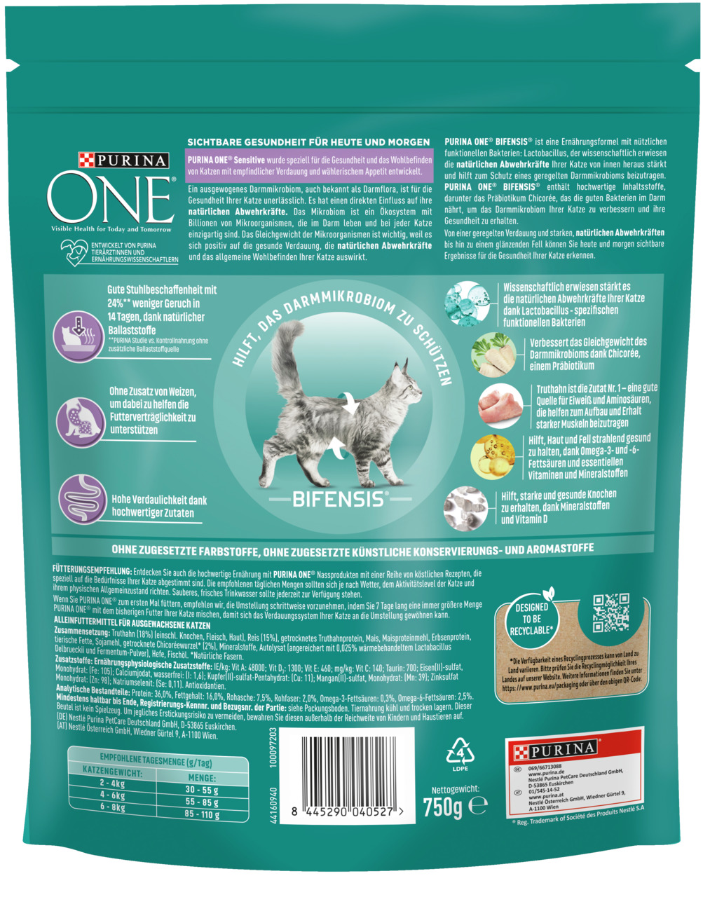 Purina ONE Bifensis Sensitive Katzenfutter Truthahn, 750 g, für empfindl. Verdauung, stärkt Darmmikrobiom & Abwehrkräfte.