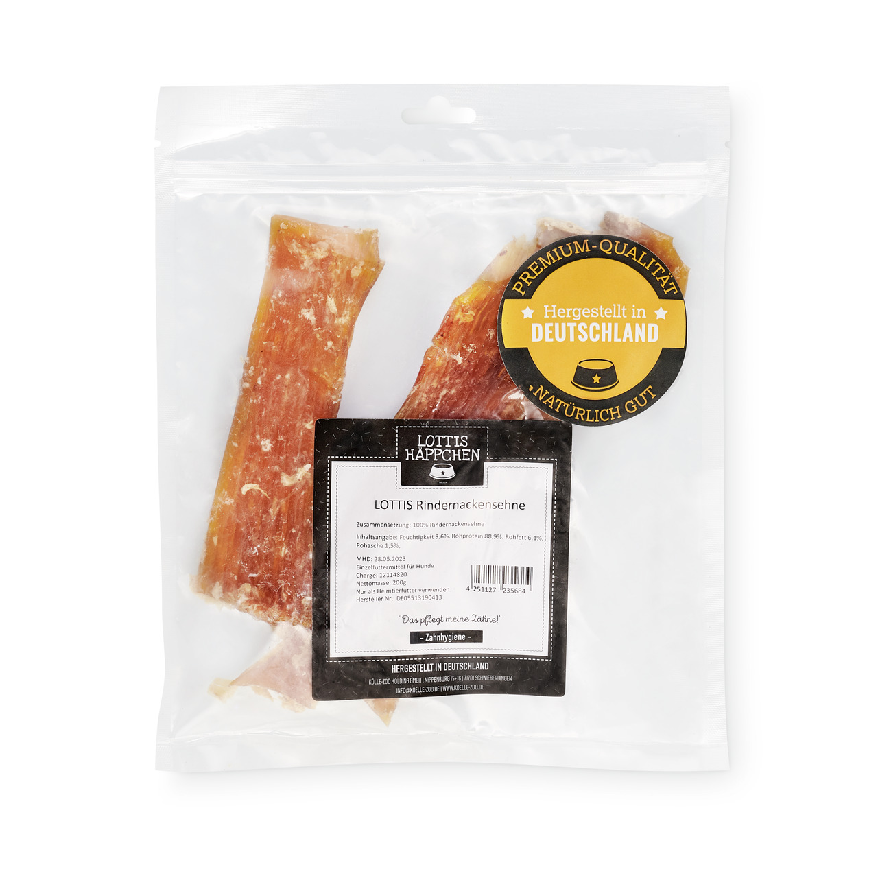 Lottis Häppchen Rindernackensehne, Hunde, 2 Stk., 100% Rind, Zahnpflege-Snack, Premium-Qualität, Hergestellt in Deutschland.