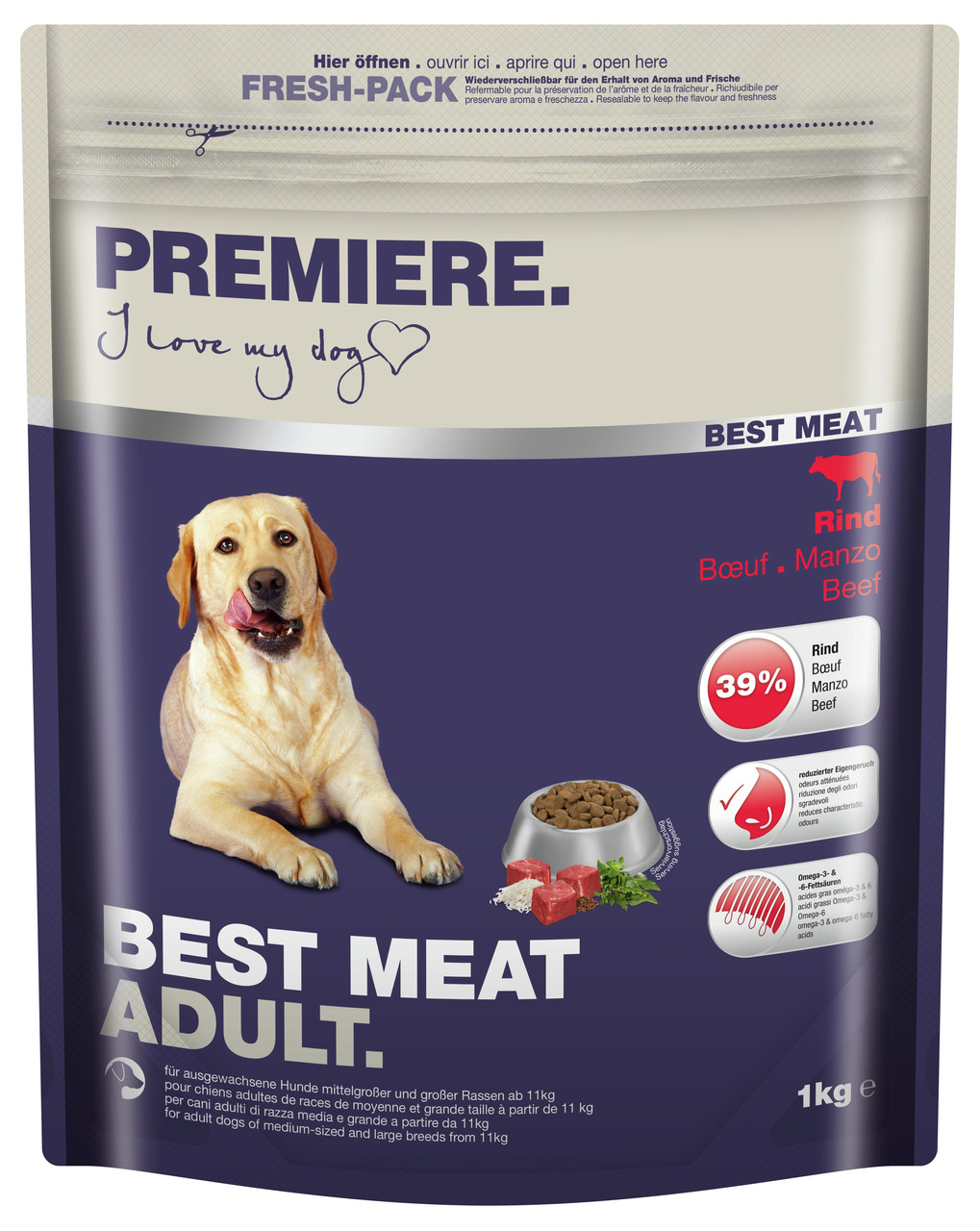 PREMIERE Best Meat Adult, Rind, für ausgewachsene Hunde ab 11 kg, 1 kg, 39 % Rind, Omega-3, reduzierter Eigengeruch.