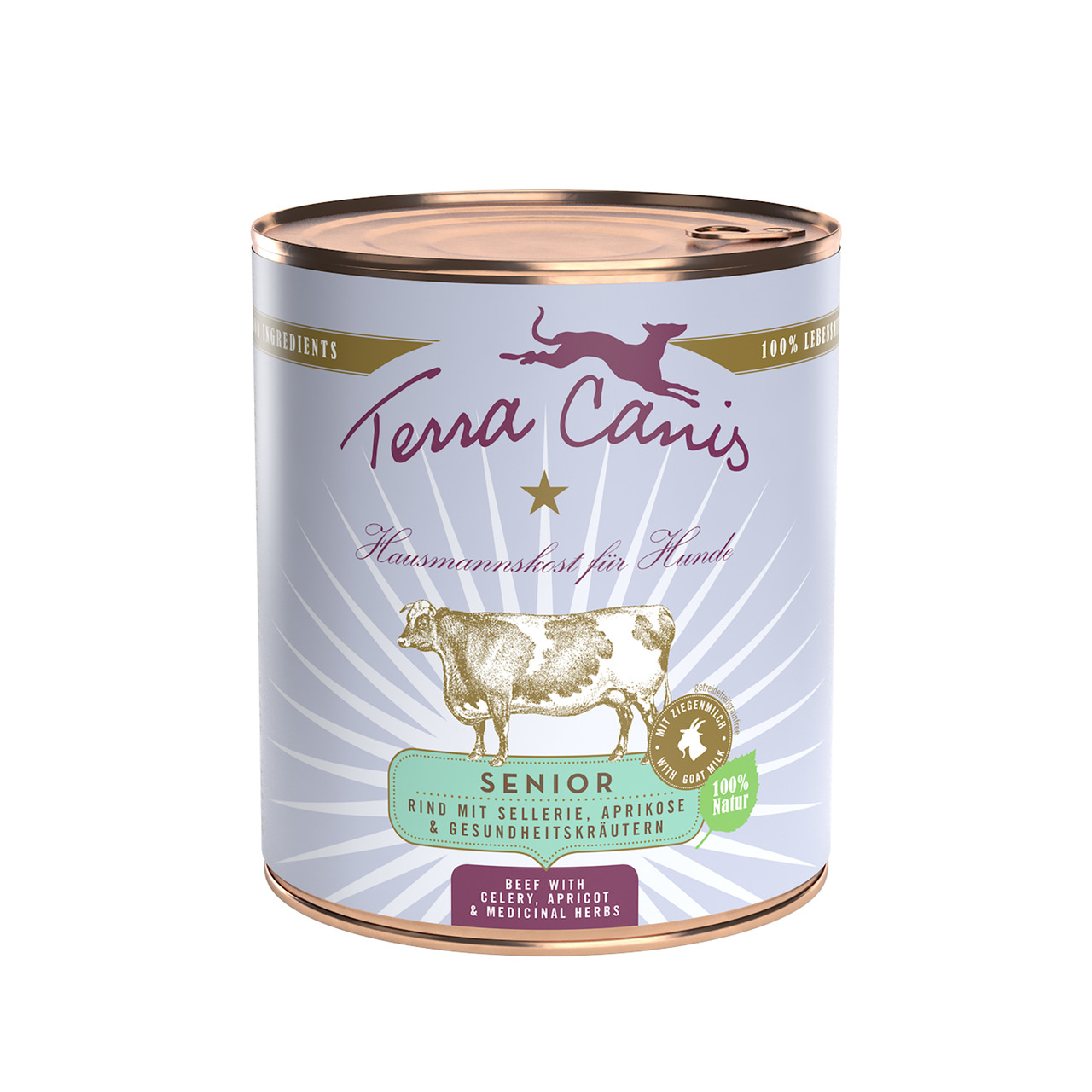 Terra Canis Senior Hundefutter, Rind+Sellerie+Aprikose+Kräuter, für ältere Hunde, 100 % Natur, elegante Dose, Pastelltöne, Kuhmotiv.