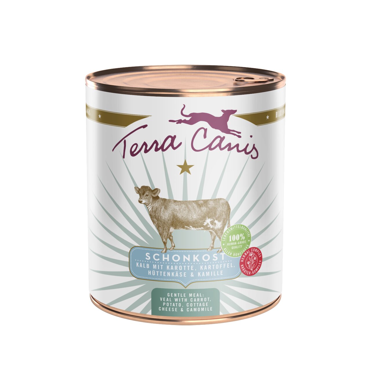 Terra Canis Schonkost, Hunde, Kalb+Karotte/Kartoffel/Hüttenkäse/Kamille, 100 % nat. Zutaten, 400 g.