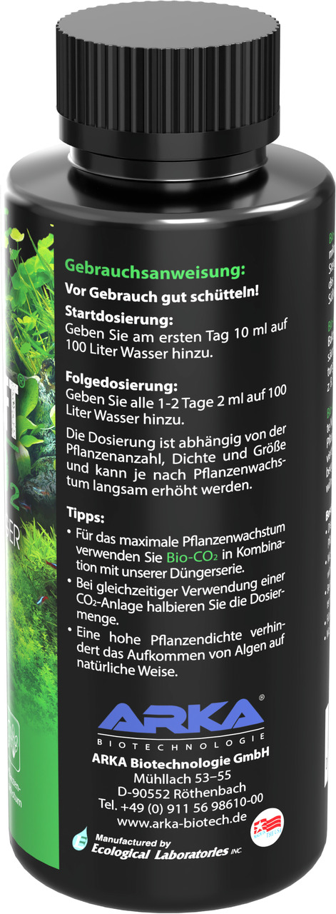 Das Bild zeigt eine schwarze Flasche des Produkts "MICROBE-LIFT" von ARKA Biotechnologie, speziell für Aquarienpflanzen. Die Flasche ist für Aquarienbesitzer geeignet und enthält 473 ml Flüssigkeit. Auf der Verpackung sind Dosierungsanweisungen für Start-