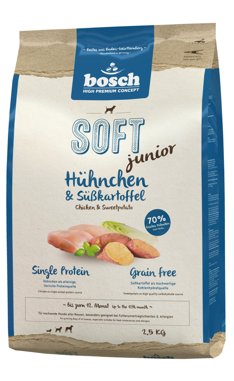 Das Bild zeigt eine Verpackung des Hundefutters „bosch Soft Junior Huhn & Süßkartoffel“ mit einem Gewicht von 2,5 kg. Es ist speziell für wachsende Hunde bis zum 12. Monat geeignet. Die Rezeptur enthält 70 % frisches Huhn als Single-Protein-Quelle und ist