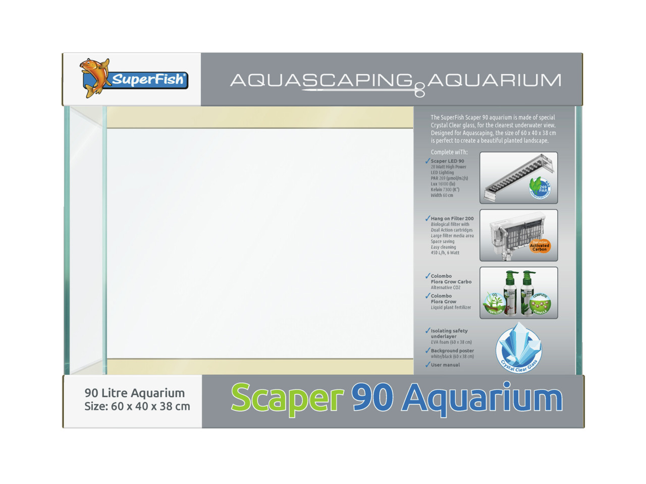 SuperFish Scaper 90 Aquarium, 90L, für Aquascaping, Kristallglas, LED, Filter 200, CO2-Alternativen, Pflanzendünger, 60x40x38 cm.