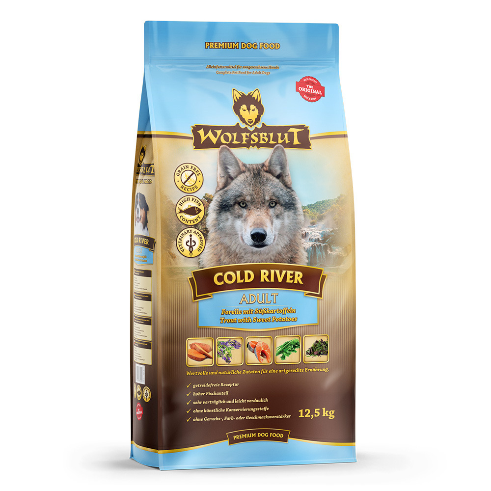 WOLFSBLUT Cold River Forelle mit Süßkartoffeln 12,5kg Hundetrockenfutter