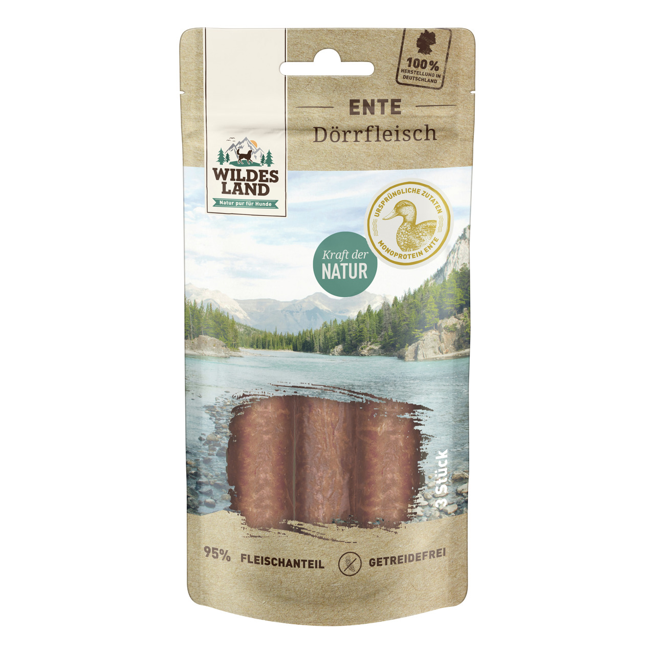 Das Bild zeigt eine Verpackung des Produkts „Wildes Land Ente Dörrfleisch“, ein getreidefreier Hundesnack mit 95 % Fleischanteil. Die Zielgruppe sind Hunde. Die Geschmacksrichtung ist Ente. Die Verpackung enthält 3 Stück und hebt natürliche Zutaten sowie 
