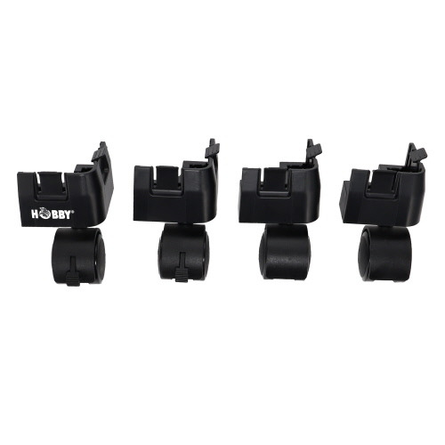 Vier schwarze Rollenhalter der Marke HOBBY, speziell für Aquarienabdeckungen entwickelt. Die Halter sind robust und funktional gestaltet, um eine sichere Befestigung zu gewährleisten. Geeignet für Aquaristik-Enthusiasten, die eine stabile und flexible Lös
