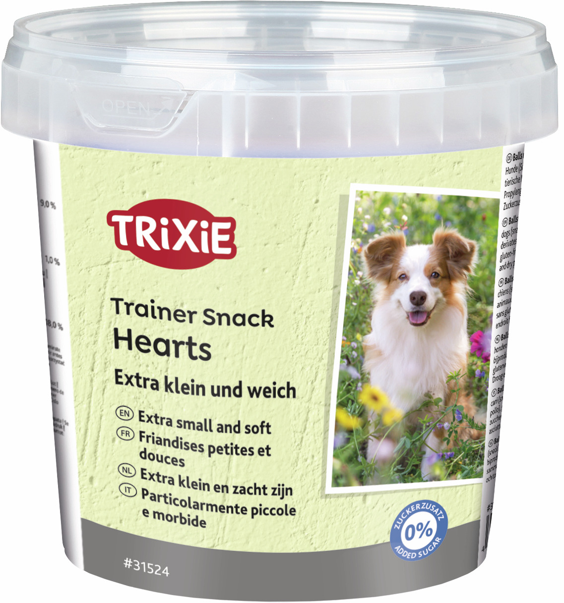 Das Bild zeigt einen Plastikbehälter der Marke TRIXIE mit der Aufschrift „Trainer Snack Hearts“. Es handelt sich um kleine, weiche Snacks für Hunde, ideal als Belohnung beim Training. Die Geschmacksrichtung ist nicht angegeben. Der Behälter enthält 500 ml