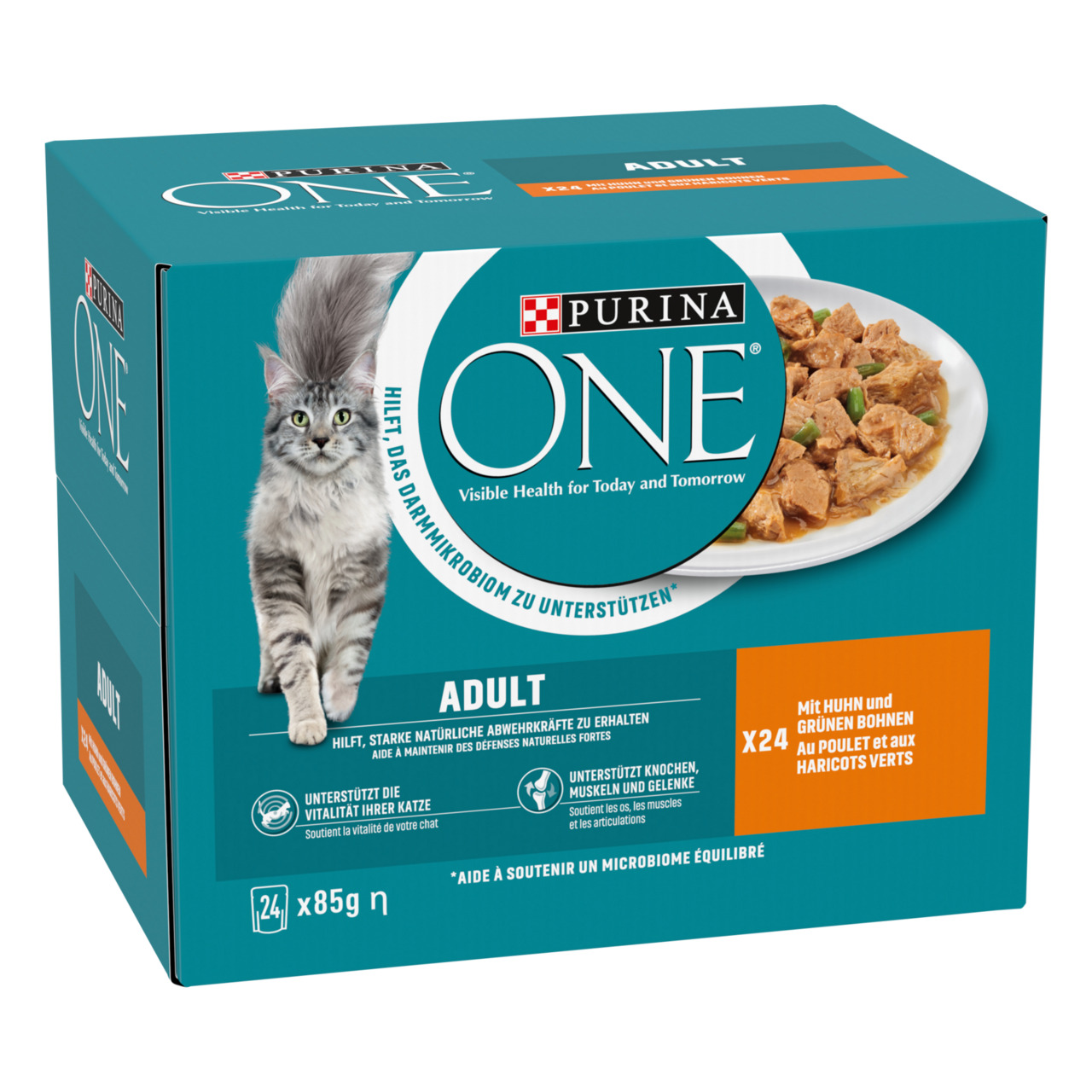 Purina ONE Adult Katzenfutter, Huhn & grüne Bohnen, für ausgewachsene Katzen, 24x85g, stärkt Abwehrkräfte, Knochen, Muskeln & Gelenke.