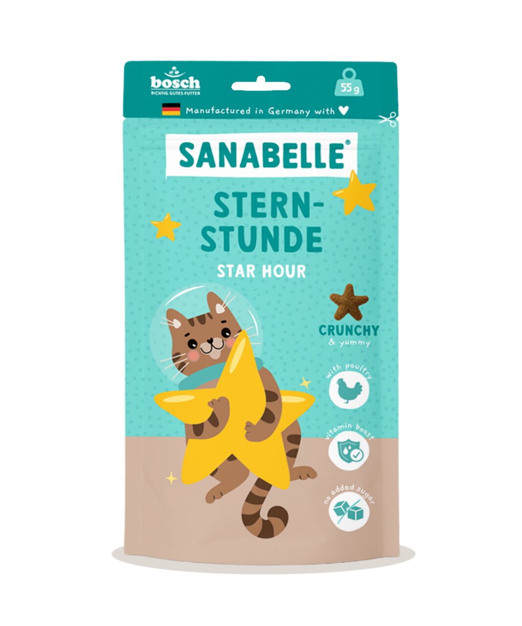 Sanabelle Sternstunde Katzensnack mit Geflügel, knusprig & lecker, für Katzen, ohne Zuckerzusatz, 55 g-Packung.