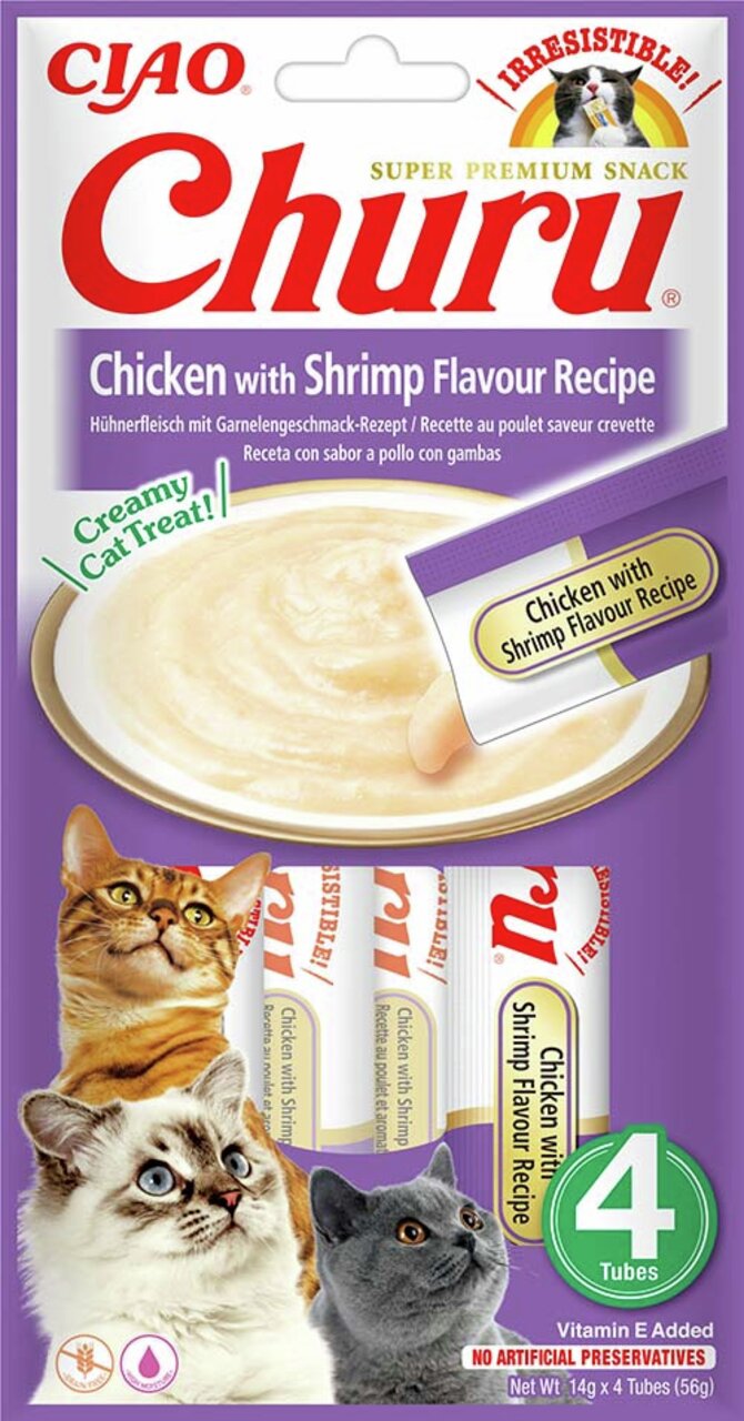 CIAO Churu Super Premium Snack, Hühnchen mit Garnelengeschmack, für Katzen, 4 x 14 g, cremig, ohne künstliche Konservierungsstoffe.