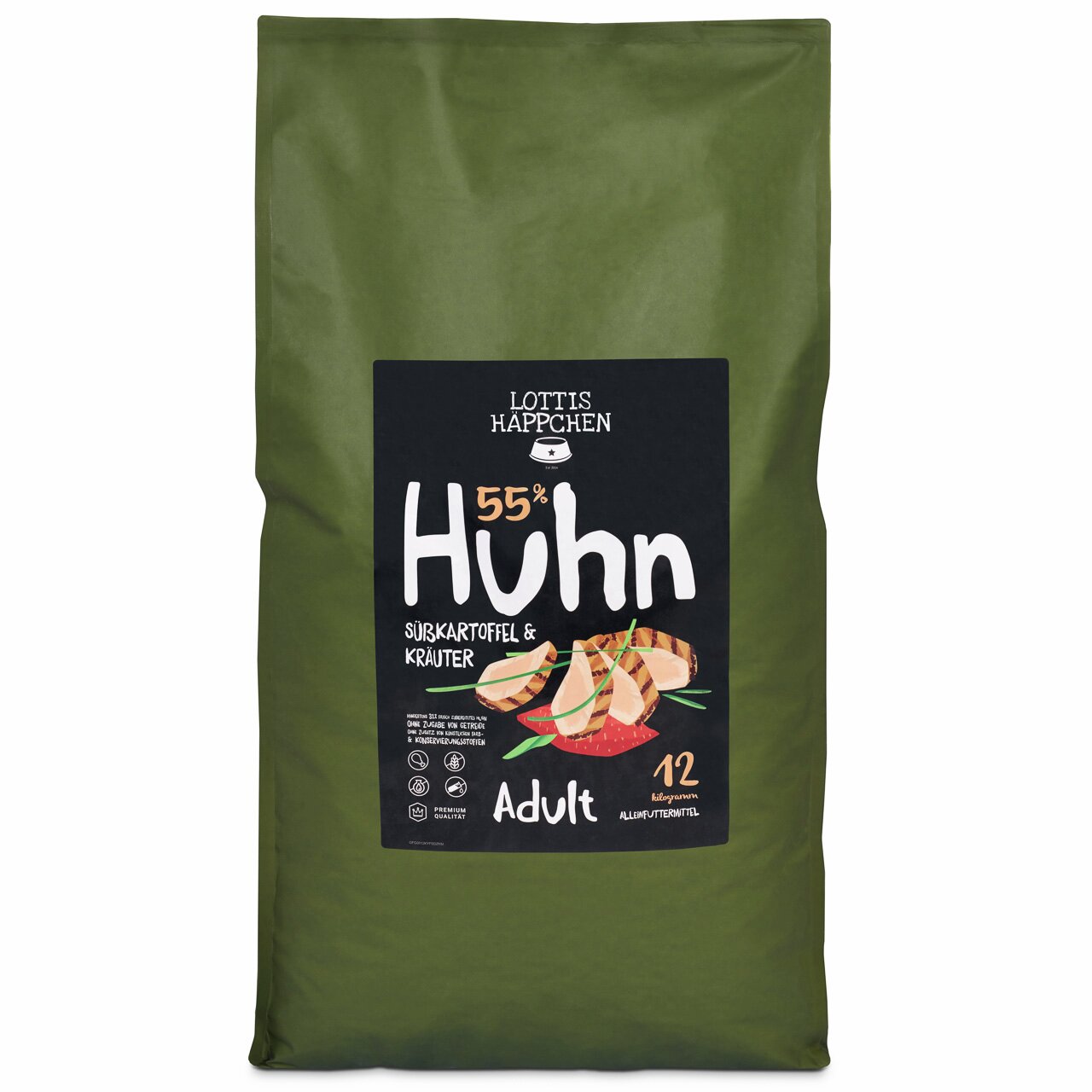 LOTTIS HÄPPCHEN Hundetrockenfutter, Huhn mit Süßkartoffel & Kräutern, für adulte Hunde, 12 kg, Premiumqualität.