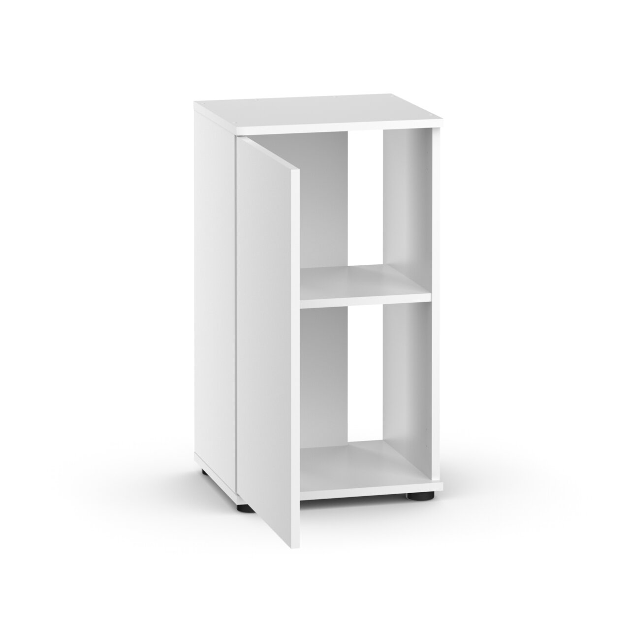 Weißer, schmaler Schrank mit einer Tür, zwei Fächern und modernem Design, ideal zur Aufbewahrung in Wohn- oder Badezimmer.