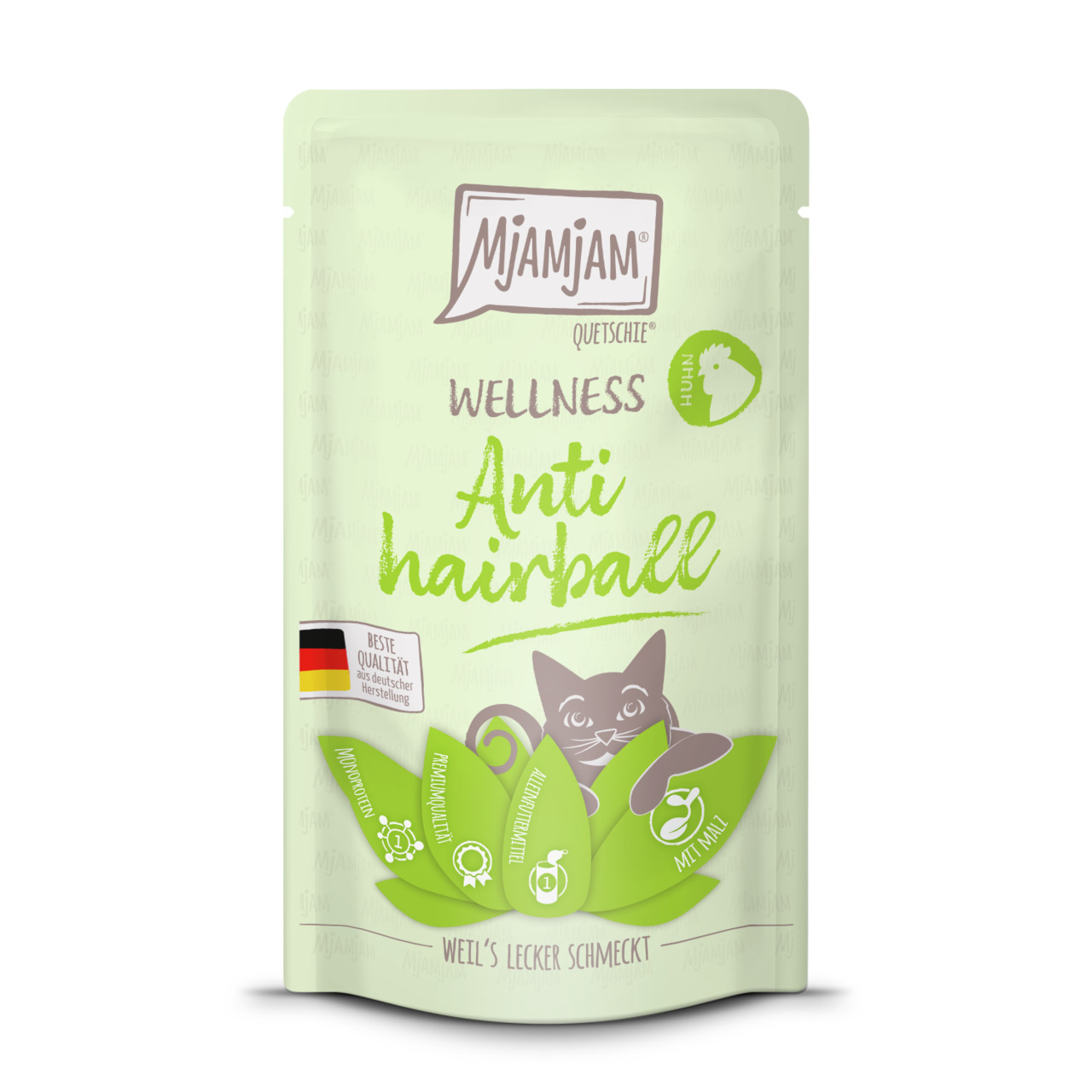 MJAMJAM Wellness Anti-Hairball Katzenfutter, Huhn, 85 g, Anti-Haarballen, Premiumqualität, Made in Germany.