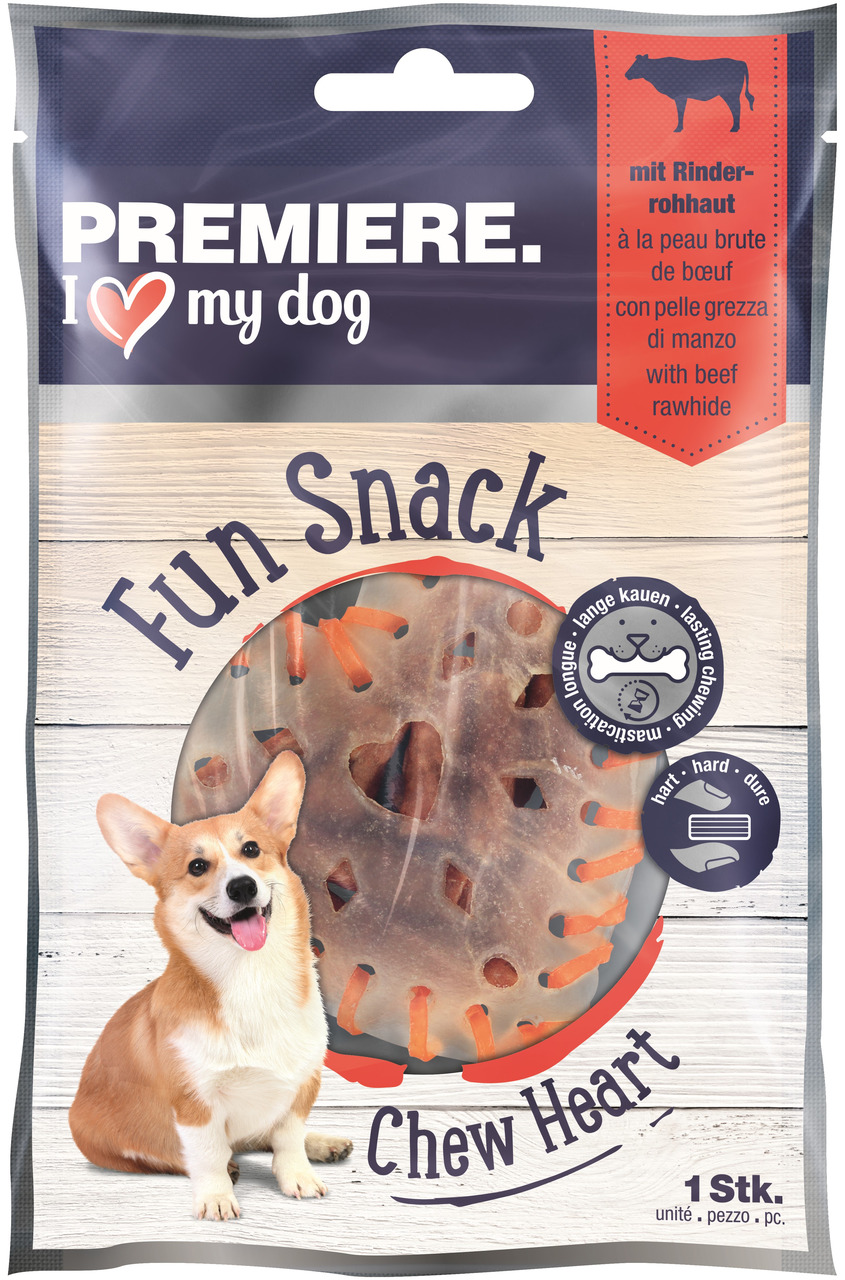 PREMIERE Fun Snack Chew Heart: Kausnack für Hunde aller Größen, Rinderrohhaut, lange Kauzeit, 1 Stk., fröhlicher Corgi auf der Packung.