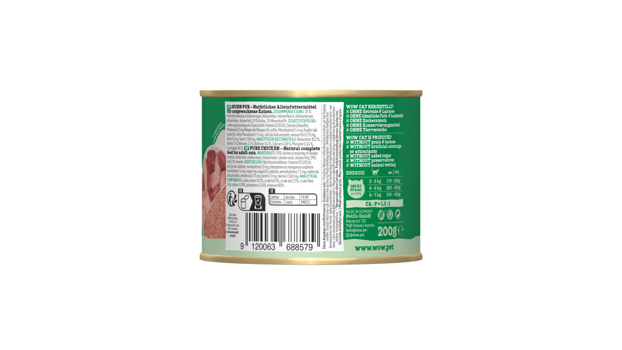 WOW CAT „Huhn Pur“, Alleinfutter f. erw. Katzen, Huhn, ohne Getreide/Zucker/künstl. Zusätze, 200 g.